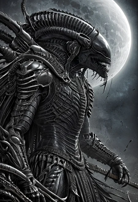 A closeup of fantastical image of a Xenomorph knight, clad in flowing, flowing robes, wielding an ornate, ornate blade. they wield the sword in a fluid, dynamic motion. The moon's reflection highlights their magical power, solo, wide angle, art by hr giger