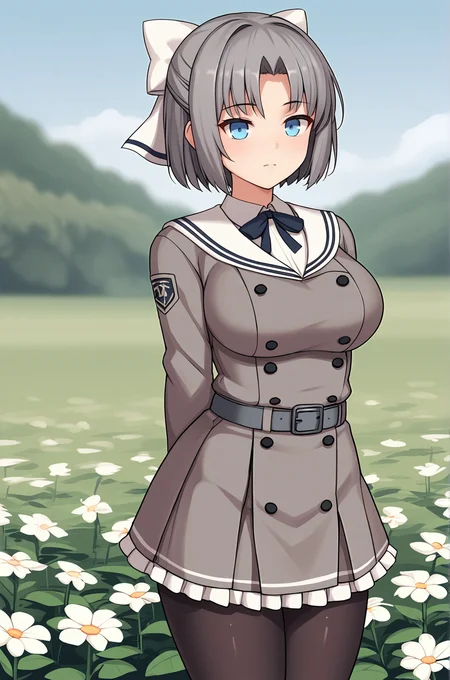 anime artwork, score_9, score_8_up, score_7_up, score_6_up, score_5_up, score_4_up, source_anime, BREAK, thick outline, fat outline,
Yumi_XL, blue eyes, short hair, grey hair, hair bow, white bow, large breasts, BREAK, Yumi_school_form, school uniform, black pantyhose, ribbon, grey belt, BREAK, field, flowers, hands behind back,
<lora:Yumi_XL:0.7>
<lora:PersonalAmi_PonyXL:1.0>