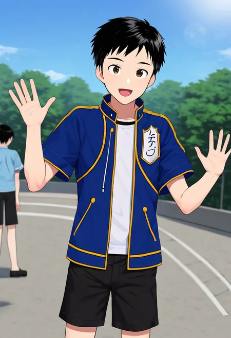 harmard, black hair, short hair, brown eyes, 1boy, solo, solo focus, wear open clothes, short sleeve, blue clothes, half clothes, wear black shorts, outdoor setting, right hand waving gesture