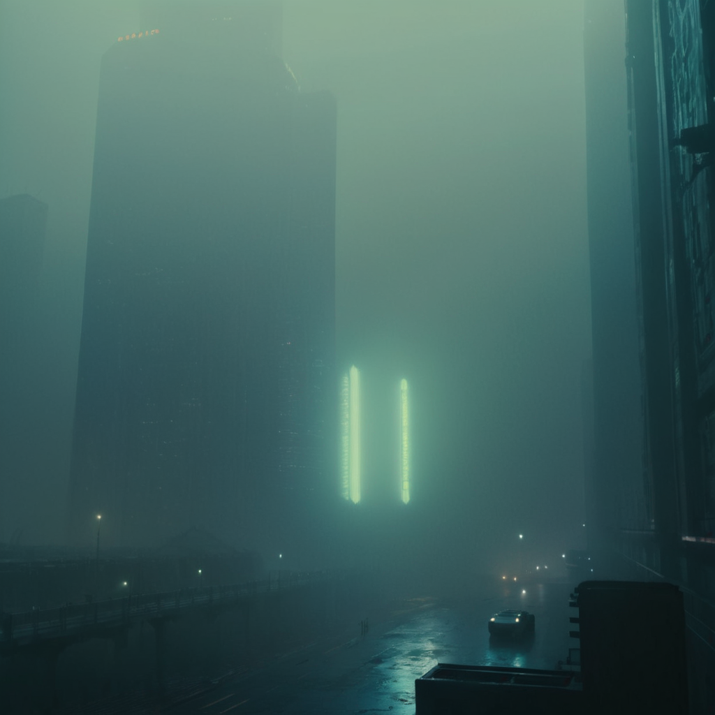 Cinematic shot of cyberpunk skyline Blade Runner Style, 1980s Movie Still, foggy atmosphere, film grain