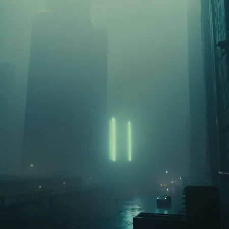 Cinematic shot of cyberpunk skyline Blade Runner Style, 1980s Movie Still, foggy atmosphere, film grain