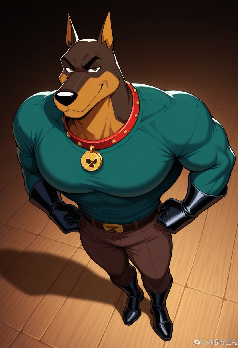 blitz, solo, doberman, furry, smug, detailed eyes, perfect eyes, brown fur, brown eyes, muscular, bara, athletic build, large pectorals, manly, mature, dynamic angle, green shirt, brown pants, belt, collar, black gloves, black boots, pose, posing, close up, unparalleled masterpiece, best quality, amazing quality, very aesthetic, high resolution, 4K, extremely-detailed, depth of field, separate focus, high sharpness, newest, scenery, detailed fur, detailed muscles, cinematic lighting, <lora:BlitzRR:0.9>