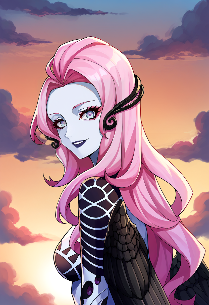 score_9, score_8_up, score_7_up, source_anime, BREAK, solo, 1girl, smile, looking at viewer, <lora:zs_LilithVVXL:1>, lilithsmtvv, pink hair, long hair, hair ornament, pink eyes, colored skin, lipstick, makeup, black wings, full-body tattoo,  <lora:Engage-S-Rank-pdxl_Fp:1>, sky, cloud, sunset, from side, upper body,