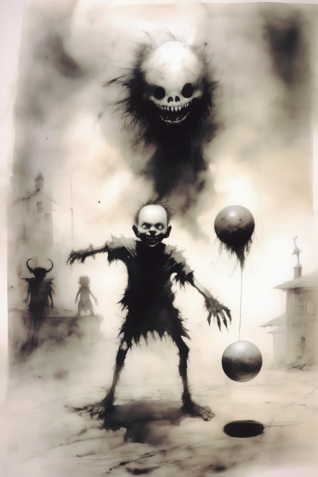 <lora:Stephen Gammell Style:1>Stephen Gammell Style - a lonely young boy playing ball with a demon drawn