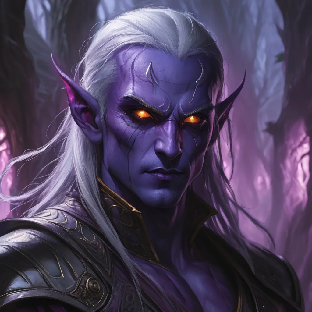 dark elf warrior, close up, portrait, glowing eyes, handsome,