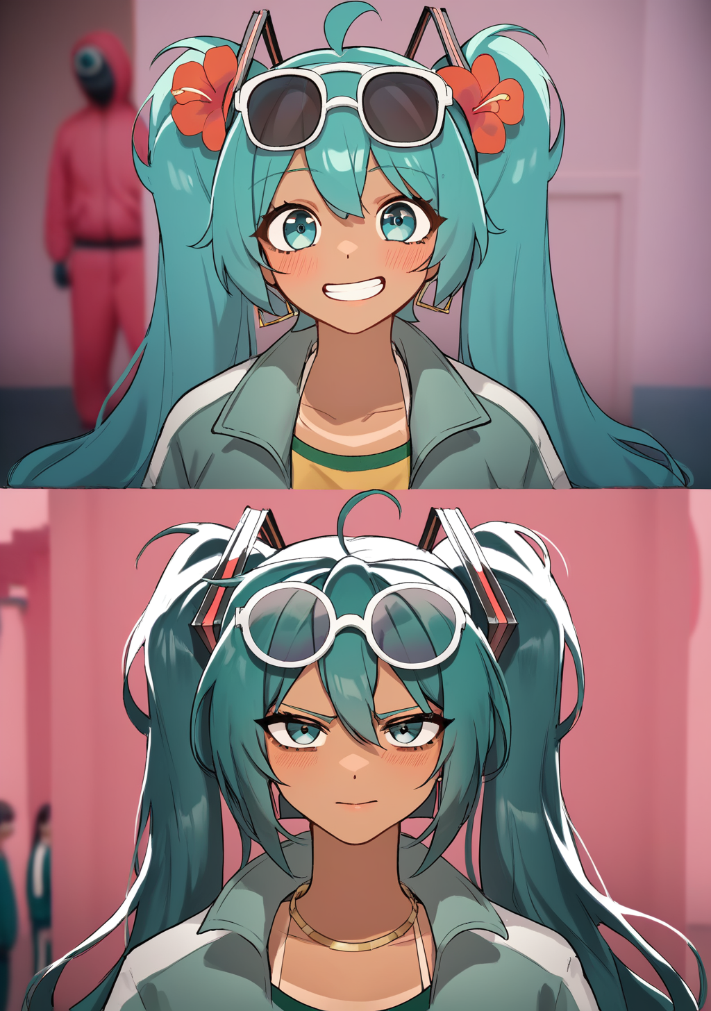 score_9, score_8_up, score_7_up, score_6_up, score_5_up, score_4_up, masterpiece, high quality, BREAK, full body, BREAK,     <lora:Squid_Game_Photo__BeforeAfter_Squid_Game_Pony:0.8> jacket, squidgame_before/afte, squid game photo, before/after, 2 panels, green tracksuit, pink background, traumatized, <lora:Brazilian Miku:0.8> aqua hair, sunglasses on head, flower in hair, yellow shirt, brazil flag on shirt, denim shorts, booty shorts, tanned, 1girl, hatsune miku,