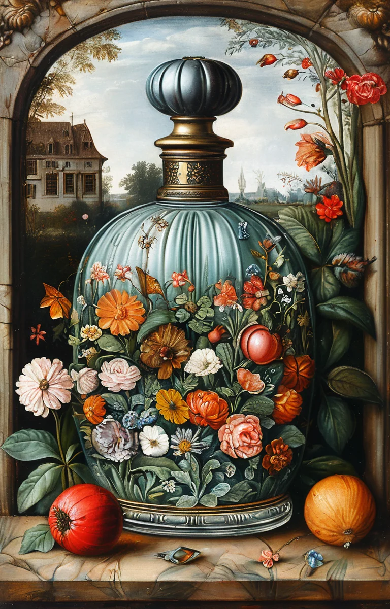 masterpiece,best quality,<lora:tbh185-sdxl:0.8>,illustration,style of ambrosius benson, A bottle of perfume in garden
