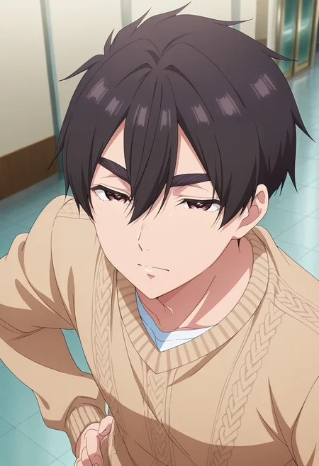 masterpiece, best quality, intricate details, anime screencap, anime coloring, official style, , 1boy, solo, male focus, <lora:rentarou_aijou_ilxl:0.9>, rentarou_aijou, black hair, brown eyes, short hair, hair between eyes, bangs, focused, plaza, indoors, hand on hip, squinting,