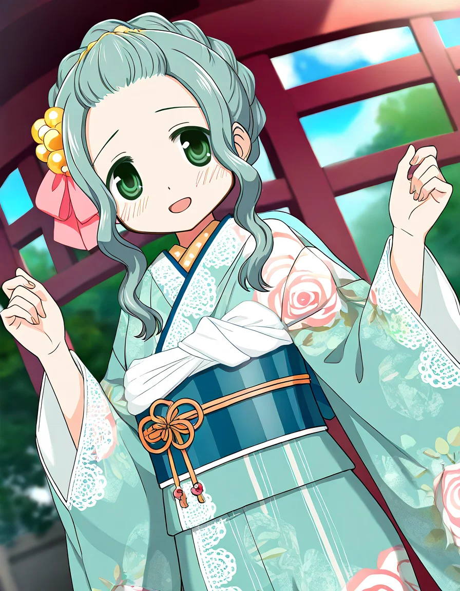masterpiece, best quality, newest, absurdres, highres, safe, 1girl, futaba sana \(haregi costume\), magia record: mahou shoujo madoka magica gaiden, smile, open mouth, solo, day, outdoors, dutch angle, <lora:futaba_sana_noobaiXLNAIXL_vPred10Version:0.7>