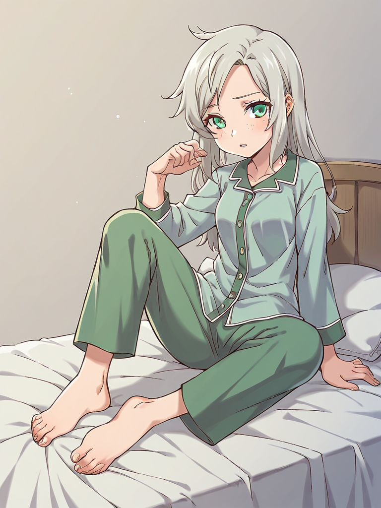 score_9, score_8_up, score_7_up,  
1girl, lucy rf, grey hair, green eyes, small breasts, freckles, long hair, 

pajamas, long sleeves, green pants,
barefoot, sitting, on bed, tired, parted lips, looking at viewer,