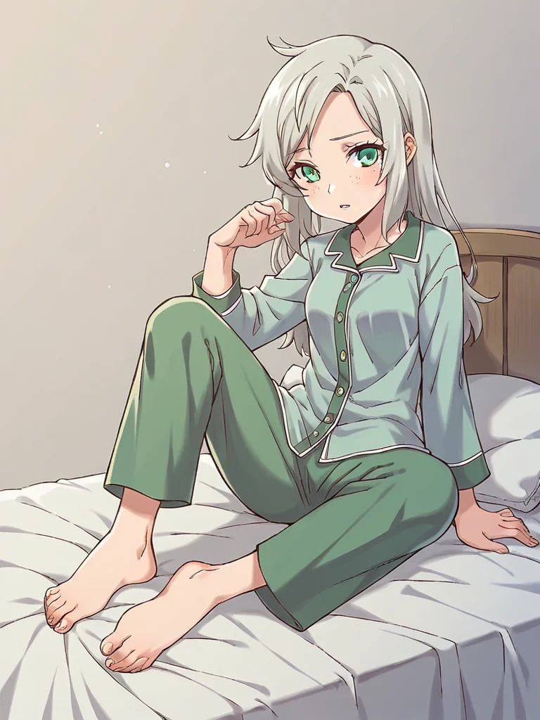 score_9, score_8_up, score_7_up,
1girl, lucy rf, grey hair, green eyes, small breasts, freckles, long hair,
pajamas, long sleeves, green pants,
barefoot, sitting, on bed, tired, parted lips, looking at viewer,