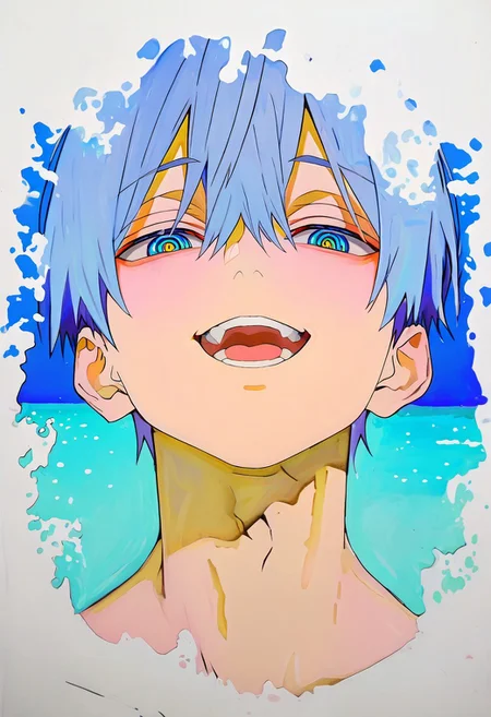 masterpiece,best quality,absurdres, amazing quality, hi res, masterpiece, best quality, detailed, amazing quality, detailed face, detailed eyes, clean eyes, best quality, highres, very aesthetic, newest, ultra-detailed, illustration, (best quality:1.1),ultra-detailed, high resolution, super detailed skin, beautiful detailed eyes, nsfw, Brightly Lit, Highly Visible, 8k, sharp focus, beautiful, perfect lighting, beautiful eyes, anatomically correct, anatomically correct face, extremely detailed eyes, smooth edges, beautiful face, symmetrical eyes, symmetrical face, BREAK 748cmstyle, newest, (colorful:0.5), (lineart:0.8), (silhouette:0.4), StainedArt_IL, sketch, paint splatter, Spill Art, coffee spill art, dissolving, stainedart_il, blue eyes, 1boy, solo, male focus, blue hair, smile, traditional media, looking at viewer, water, open mouth, portrait