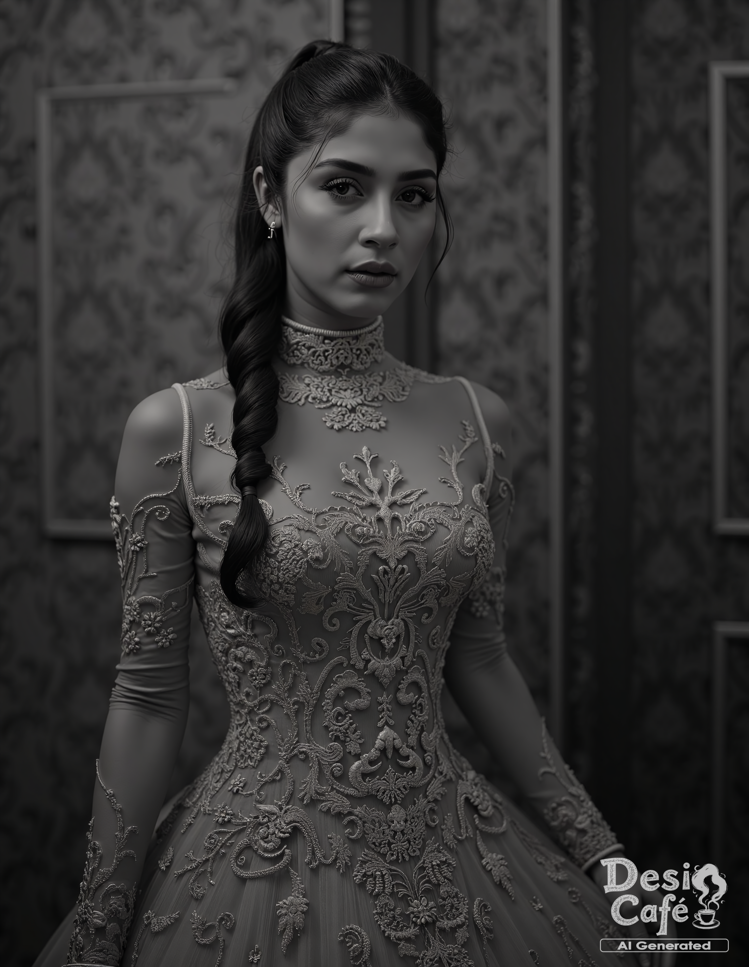 vintage greyscale photo of Adrija Addy Roy woman, hyper realistic photo that is safe for work, angry, studio quality image, well dressed wearing intricate long sleevedhigh necked evening gown, hair styled as high ponytail,muted shaded wallpaper background that contrasts with the person, cinematic lighting,âââââ <lora:Adrija_Addy_Roy_Flux_Kohya_V1:0.8>âââ