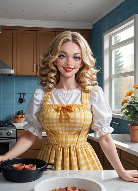 score_9, score_8_up, score_7_up, score_6_up, score_5_up, score_4_up, 1girl, solo, long blonde curly hair, blue eyes, makeup, lipstick, hud_drthy_drss, yellow dress, pinafore dress, short puffy sleeves, plaid, <lora:hud_drthy_drss_XLP:0.7>, dark, night, large breasts, sexy, upper body, frying pan, smile, hud_mdrn_kitc, kitchen, blue walls, sink, scenery, indoors, window, flower,<lora:mod_kitchens:0.6>