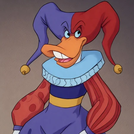 score_9,score_8_up,score_7_up,score_6_up,best quality,masterpiece, background toystore, toy shop, 1boy, solo, BREAK Quackerjack, trunk hose, ruff collar, puffy sleeves, right striped sleeve, left dotted sleeve, looking at viewer, jester cap