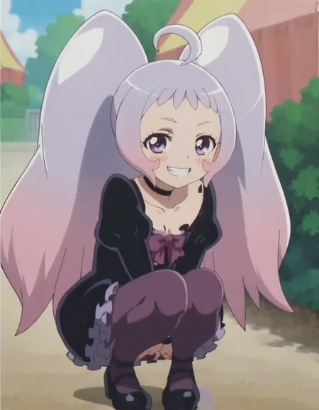 score_9, score_8_up, score_7_up, anime screencap, solo,1girl, nicosmapre,puffy sleeves, black dress, purple pantyhose, choker, smile, looking at viewer, cowboy shot,blush,open mouth,small breasts,squatting,grin<lora:nico:0.8>