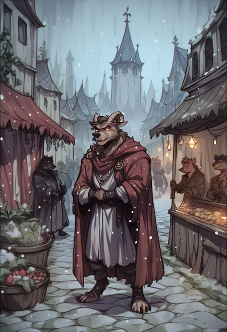 score_9, score_8_up, score_7_up, perfecteyes, anthro bear, square, market, glowing, male 30-40 years old,winter,long coat, brutality, jewellery, snowfall, drifts,fantasy,Vintage,1990s \(style\)