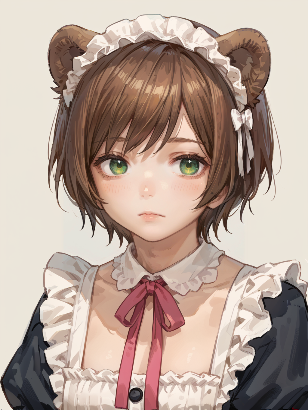 score_9, score_8_up, score_7_up,source_anime,
1girl, brown hair, green eyes, short hair, simple background, upper body, maid, bear ears
<lora:style006:0.7>