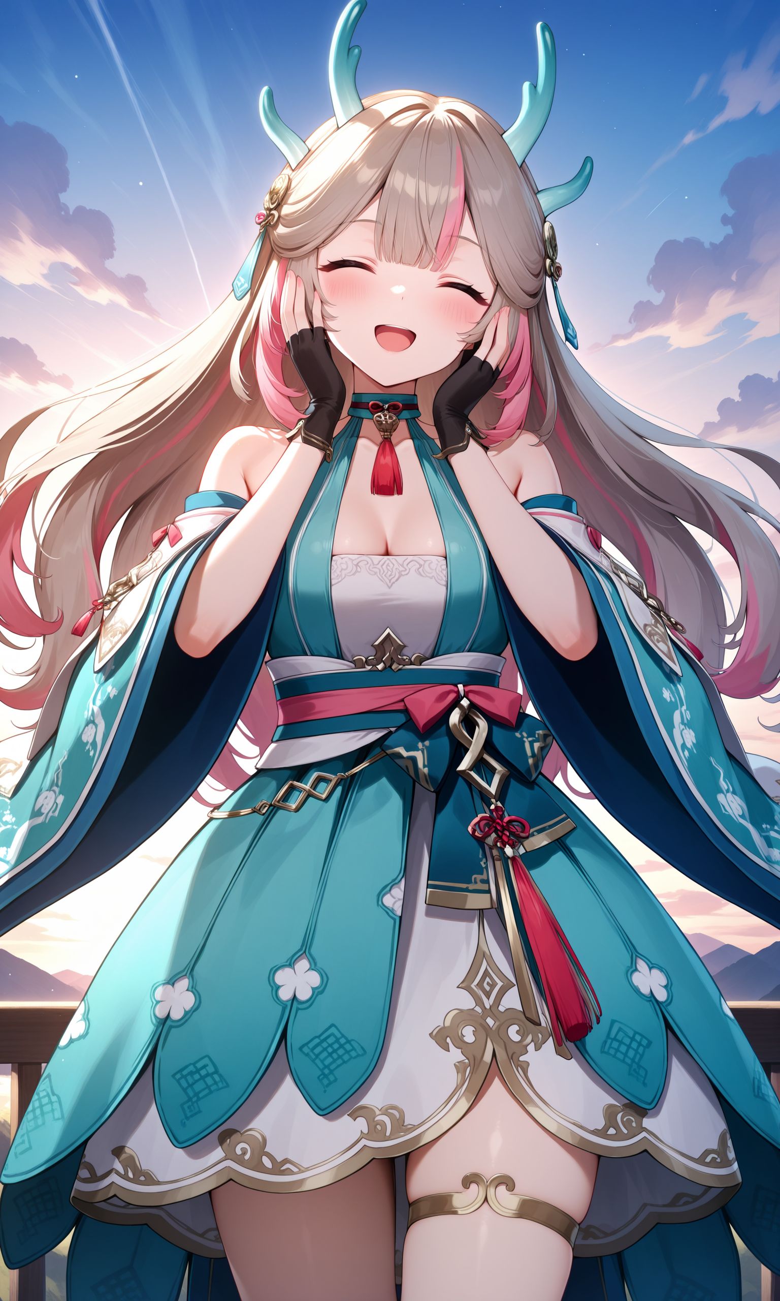 masterpiece,best quality,amazing quality,<lora:JihoMir_baseeversoul:0.8> JihoMir_base(eversoul),
cowboy shot, medium_breasts, hands_on_own_cheeks, closed eyes, open mouth, sky, happy,