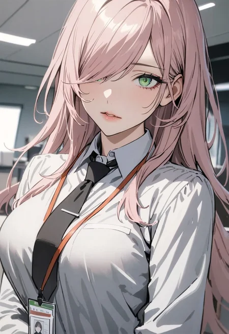 1woman, solo,  long hair, pink hair, black choker, green eyes, one eye covered by hair, eyeliner, gorgeous lips, tights, medium breasts
cinematic, (masterpiece), (best quality), (ultra-detailed), very aesthetic, illustration, detailed eyes, perfect eyes
office,ruanyi0506,bra,pantyhose,miniskirt,office lady,id card,lanyard,black bra,black necktie,Expressiveh