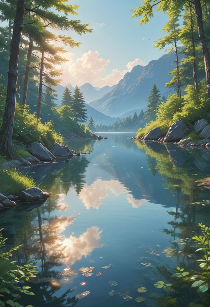 High-definition scene of a tranquil lake with crystal-clear blue water, reflecting snow-capped mountains in the background, lush green forest at the base of the mountains, expansive clear blue sky above, distant mountains with jagged peaks, serene and peaceful atmosphere, vibrant colors, bright and cheerful lighting, anime-style with soft, detailed shading, vibrant and crisp coloring, ethereal and dreamy quality, soft and warm sunlight casting gentle reflections on the water, detailed and picturesque environment, reminiscent of Makoto Shinkai's art style.