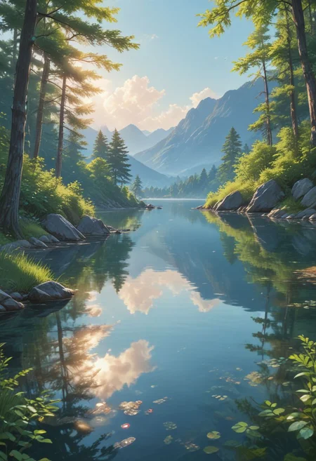 High-definition scene of a tranquil lake with crystal-clear blue water, reflecting snow-capped mountains in the background, lush green forest at the base of the mountains, expansive clear blue sky above, distant mountains with jagged peaks, serene and peaceful atmosphere, vibrant colors, bright and cheerful lighting, anime-style with soft, detailed shading, vibrant and crisp coloring, ethereal and dreamy quality, soft and warm sunlight casting gentle reflections on the water, detailed and picturesque environment, reminiscent of Makoto Shinkai's art style.