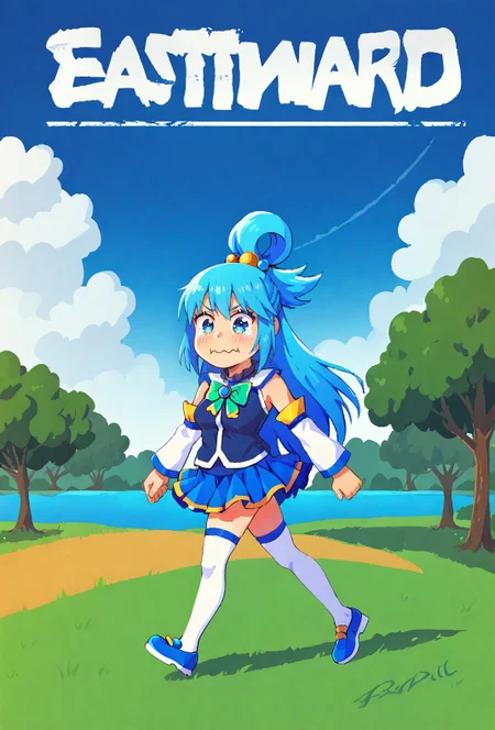 score9, score_8_up, score_7_up, colorful, vibrant, detailed background, solo,full body, <lora:konosuba-aqua-ponyxl-lora-nochekaiser:0.7> aqua, long hair, blue eyes, hair ornament, very long hair, blue hair, hair rings, single hair ring, hair bobbles, skirt, shirt, thighhighs, bare shoulders, detached sleeves, white thighhighs, blue skirt, blue shirt, green bow, <lora:concept_aquacrying_ponyXL:0.7> aquacrying, wavy mouth, closed mouth, tearing up, running, outdoors, trees, grass, blue sky, clouds, large text, <lora:Eastward_Countdown_Poster-000006:1> eastwardposter,
