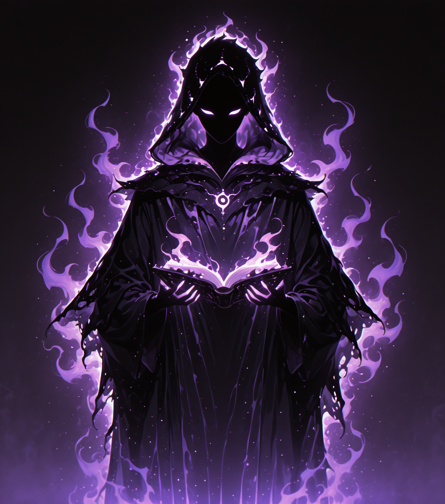 <lora:Shadows_v2_Buns:0.65> sh4d0w, purple aura, glowing, solo, Warlock, wearing Mysterious and elaborate robes, adorned with occult symbols, holding grimoire, masterpiece, best quality, amazing quality