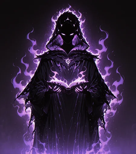 <lora:Shadows_v2_Buns:0.65> sh4d0w, purple aura, glowing, solo, Warlock, wearing Mysterious and elaborate robes, adorned with occult symbols, holding grimoire, masterpiece, best quality, amazing quality