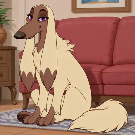 Sylvie[B], Solo, 1girl, feral, dog, afghan hound, tan and brown fur, silky fur, purple eyes, dog ears, long ears, black nose, dog tail, looking at viewer, full body, smiling, sitting, living room background