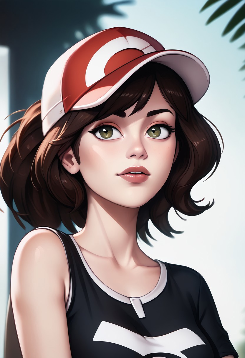 score_9, score_8_up, score_7_up, score_6_up, PRSNL_3_1, uncensored, pupils black dots, lips,
upper body, best quality, masterpiece, 4k, realistic, warm light,
Elaine, brown hair, brown eyes, ponytail, single sidelock, baseball cap, black shirt, red belt, blue shorts