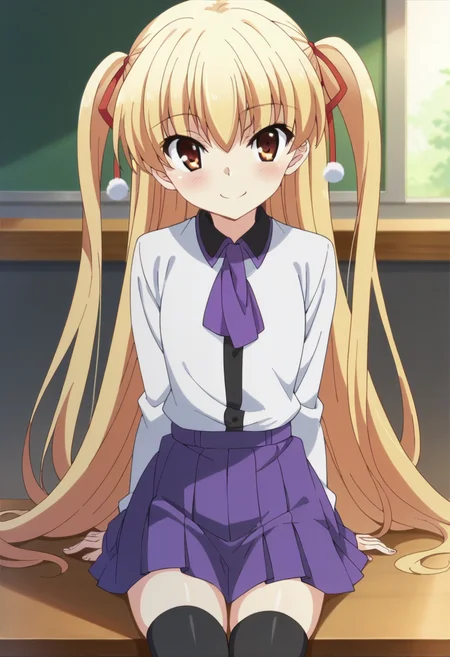 score_9, score_8_up, score_7_up, score_6_up, score_5_up, score_4_up , anime coloring ,BREAK source_anime, anime,
miut, miupurp, hair ribbon, purple school uniform, purple necktie, black thighhighs, <lora:PonyXL MiuT V3:1>
looking at viewer, smile,