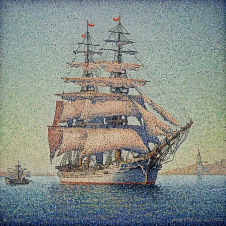 Realistic detailed of frigate by AH_Signac Pointillism dots <lora:Paul_Signac_Neo-Impressionist_dotted_paintings_Pointillism:0.7>