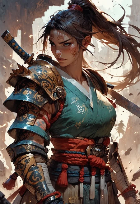 score_9, score_8_up, score_7_up, score_6_up, score_5_up, score_4_up,<lora:Fant5yP0ny:0.8>, samurai woman in armor standing in a battlefield,armor,ponytail,japanese,fantasy,solo focus,epic,tattoos