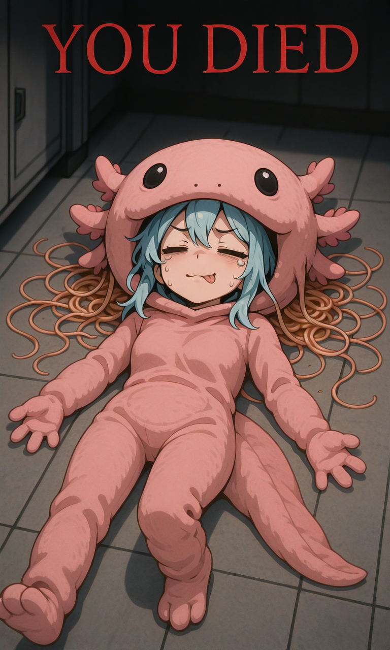 embedding:IllusP0s, you died, defeat, lying, ><, :p, (spaghetti:1.6), from above, messy, axolotl costume, 1girl, jett_\(valorant\)<lora:axolotl costume_illustrious.safetensors:1:1> <lora:you died_illustrious.safetensors:1:1>