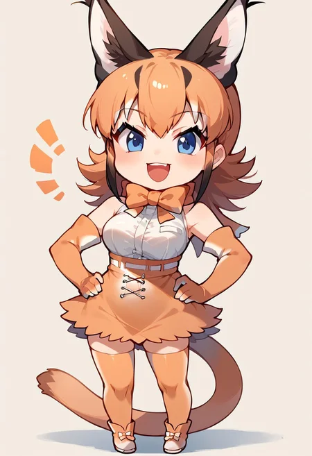 1girl, ((solo)), best quality, ultra-detailed, extremely detailed, perfect anatomy, masterpiece, score_9, score_8_up, score_7_up, caracal (kemono friends), animal ears, animal ear fluff, orange hair, tail, blue eyes, long hair, multicolored hair, white shirt, sleeveless shirt, orange skirt, skirt, orange bowtie, elbow gloves, bare shoulders, thighhighs, shoes, standing, hands on hips, open mouth smile, cute look, confident look, looking at viewer, happy, posing, simple background, (Chibi:1.3),