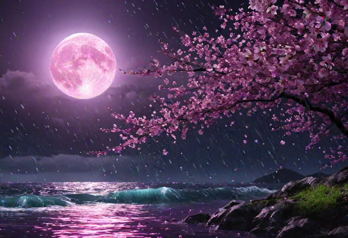 , (ultra detailed), (ultra realistic), RAW photo, photorealistic, 8k, high res, extremely detailed, back ground purple ocean (very detailed) , pink Cherry blossoms (Extremely detailed), water fall (Extremely detailed) , rain, (Extremely detailed) at night, crescent moon,