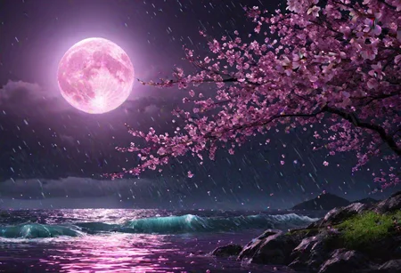 , (ultra detailed), (ultra realistic), RAW photo, photorealistic, 8k, high res, extremely detailed, back ground purple ocean (very detailed) , pink Cherry blossoms (Extremely detailed), water fall (Extremely detailed) , rain, (Extremely detailed) at night, crescent moon,