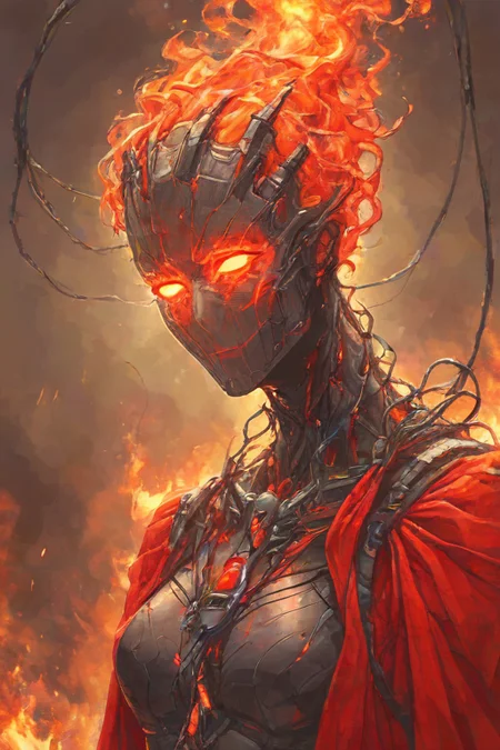 score_9,score_8_up,<lora:Turbo_XL:1>,1girl,maximum details,cybernetics,human-machine fusion,dystopian,organic meets artificial,dark,intricate,futuristic,technological,cybernetic enhancements,robotics,artificial intelligence themes,android,AI,machine,metal,wires,tech,biomechanical cyberpunk,<lora:FireHuman:1>,firehuman,colored skin,orange fireskin,fire,empty eyes,<lora:BeautyInEvilPony:0.7>,hkevil,