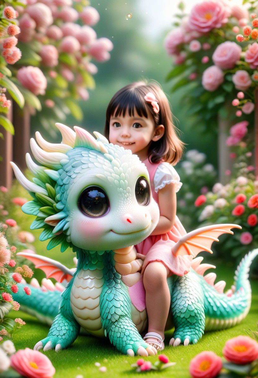 pet dragon plays with a cute girl in a blooming garden