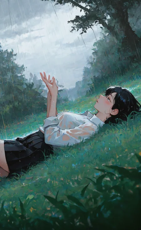 masterpiece, best quality, good quality, very awa, very aesthetic, absurdres, newest, 1girl, solo, blush, short_hair, shirt, skirt, black_hair, medium_breasts, school_uniform, white_shirt, outdoors, pleated_skirt, parted_lips, lying, sky, collared_shirt, black_skirt, on_back, from_side, tree, wet, profile, grass, wet_clothes, nature, sleeves_rolled_up, rain, wet_hair, on_grass, grey_sky, overcast,Lying on slope,Raise hand, realistic,Dutch Angle, <lora:ponyv6_noobV1_2_adamW-000017:0.7> <lora:USNR_STYLE_XL_lokr:0.45> <lora:EtherSDXL:0.15> <lora:mengxuanliart:0.6>