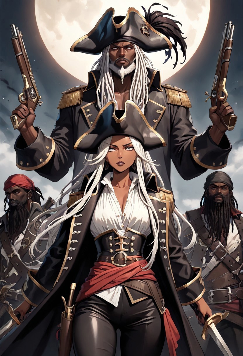 masterpiece, best quality, newest, absurdres, highres, anime, anime style, PAV1.0IL, pirate, 1girl, pirate, pirate hat, sword, holding sword, weapon, holding weapon, holding gun, gun, firearm, pistol, dark skin, dark-skinned male, beard, white hair, dredlocks,