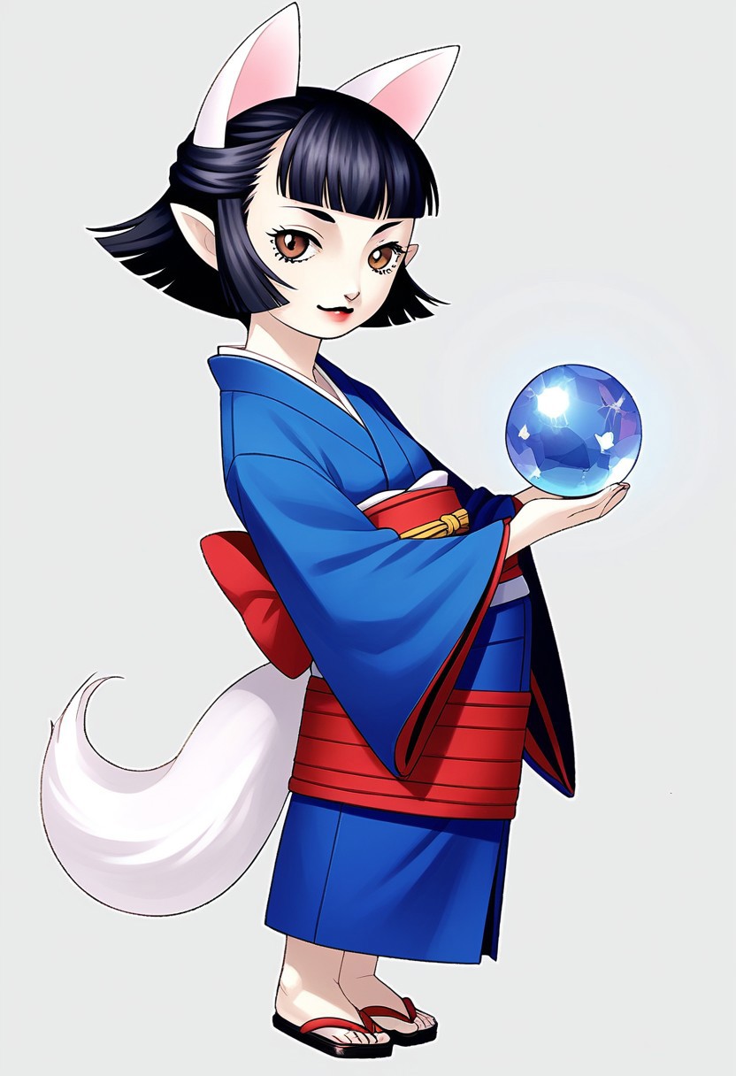 score_8, score_8_up, score_7_up, source_anime, BREAK kanekostyle, lipstick, eye shadow, eyelashes, 1girl, female focus, solo, Hasaha, animal ears, black hair, brown eyes, pointy ears, short hair, white tail,  japanese clothes, blue kimono, crystal ball, sash, obi, (short stack:0.75), full body, simple background, white background, orb, looking at viewer, rating_safe
