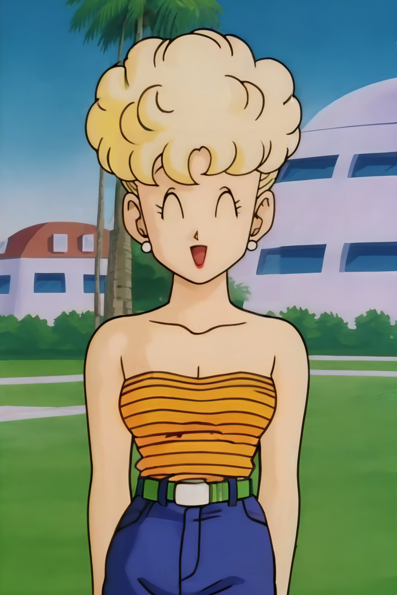 source_anime, score_9, score_8_up, score_7_up, anime screencap,
panchy, 1girl, solo, breasts, smile, short hair, open mouth, blonde hair, shirt, cleavage, bare shoulders, jewelry, closed eyes, cowboy shot, curly hair, earrings, striped, belt, pants, strapless, denim, yellow shirt, jeans, striped shirt, blue pants, retro artstyle, shirt tucked in, tube top, 1980s \(style\),
outdoors, tree, grass, 
 <lora:panchy_pony_v1:0.8>