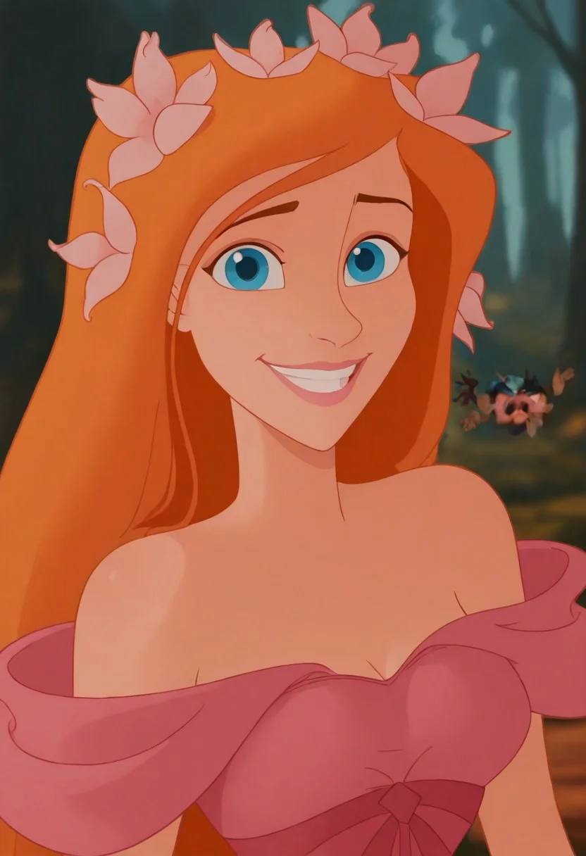giselle2d, headshot, 1girl, long orange hair, flowers in hair, blue eyes, off-shoulder pink dress, smiling, looking at viewer, animated, head and chest, enchanted forest, depth of field, cartoon, front view