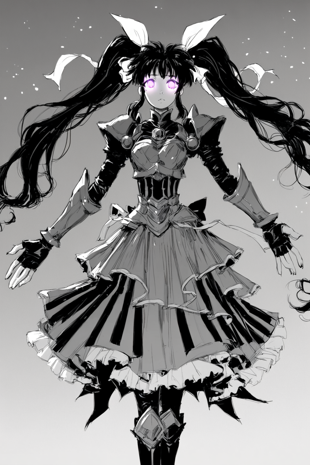 score_9, score_8_up, score_7_up, lyrical nanoha, mahou shoujo lyrical nanoha detonation, takamachi nanoha, armor, armored boots, armored dress, black gloves, boots, brown hair, dress, fingerless gloves, gloves, glowing, glowing eyes, hair ribbon, long dress, long hair, magical girl, multicolored clothes, multicolored dress, multicolored footwear, purple eyes, ribbon, twintails, white devil, white ribbon, solo, solo focus, cowboy shot, detailed background, white background, Standing with arms stretched upwards, reaching for the sky., <lora:godiva_bw:1>, (monochrome:1.5), (greyscale:1.5)