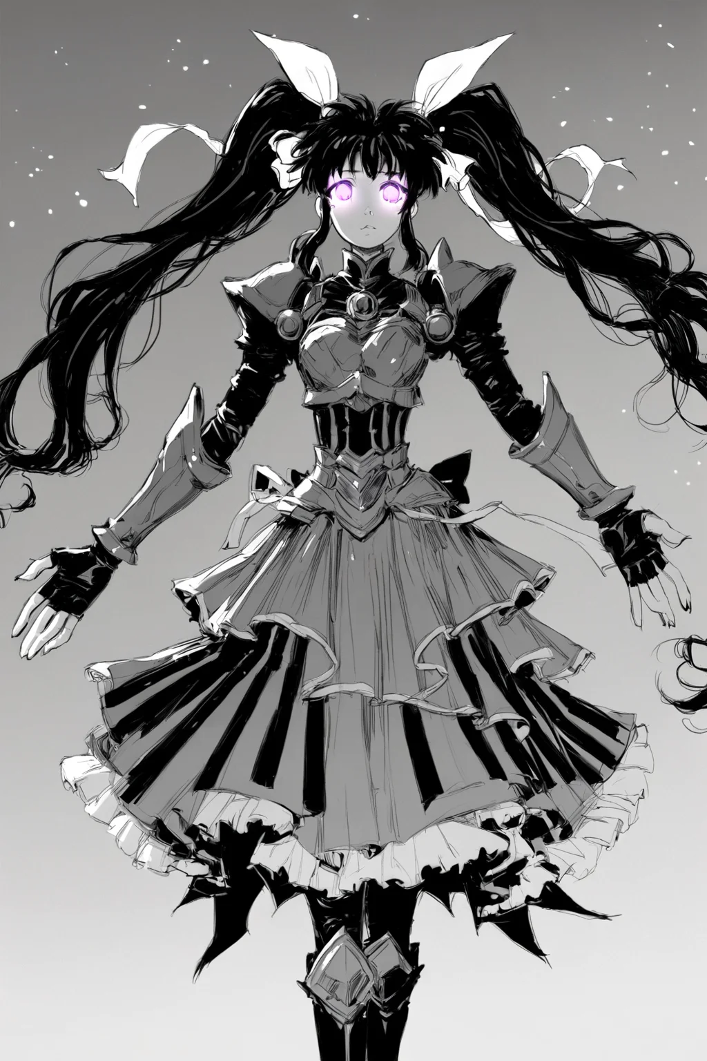 score_9, score_8_up, score_7_up, lyrical nanoha, mahou shoujo lyrical nanoha detonation, takamachi nanoha, armor, armored boots, armored dress, black gloves, boots, brown hair, dress, fingerless gloves, gloves, glowing, glowing eyes, hair ribbon, long dress, long hair, magical girl, multicolored clothes, multicolored dress, multicolored footwear, purple eyes, ribbon, twintails, white devil, white ribbon, solo, solo focus, cowboy shot, detailed background, white background, Standing with arms stretched upwards, reaching for the sky., <lora:godiva_bw:1>, (monochrome:1.5), (greyscale:1.5)