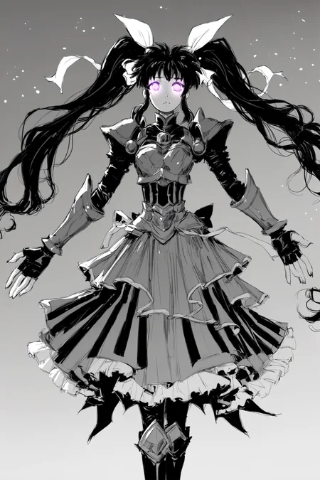 score_9, score_8_up, score_7_up, lyrical nanoha, mahou shoujo lyrical nanoha detonation, takamachi nanoha, armor, armored boots, armored dress, black gloves, boots, brown hair, dress, fingerless gloves, gloves, glowing, glowing eyes, hair ribbon, long dress, long hair, magical girl, multicolored clothes, multicolored dress, multicolored footwear, purple eyes, ribbon, twintails, white devil, white ribbon, solo, solo focus, cowboy shot, detailed background, white background, Standing with arms stretched upwards, reaching for the sky., <lora:godiva_bw:1>, (monochrome:1.5), (greyscale:1.5)