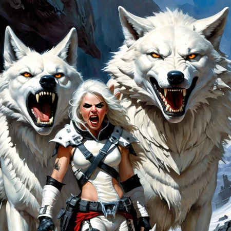 Photorealistic art of a wolf girl dressed in adventuring gear with a white wolf in the background, mouth closed, wisosdxl, wolf, snarl, snarling, intense gaze, tongue out, black, white, basilwolverton style, grotesque, spaghetti hair, bulging eyes, skin folds, veins, large teeth, bloodshot eyes, mad-stpk-ggls, mad-stpk-flcp, mad-stpk-ht, mad-mecharm, John Berkey Style page, KIRIGAMI page, linquivera, liiv1, g1g3r