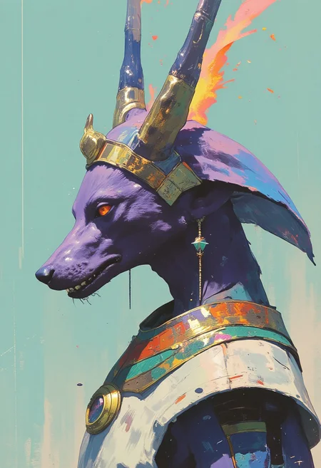 (highly detailed, hyper realistic, cinematic, traditional Egyptian style) This image is a highly detailed photograph showing Anubis, the Egyptian deity, in profile view with a dominant, divine presence. His jackal head has sharp features, a long snout, and a strong jawline. His smooth violet skin contrasts with a glowing amber eye, casting a supernatural glow. His teeth show faintly in a restrained snarl.
Anubis wears a metallic silver headdress with sapphire blue accents, extending backward in layered plates. A radiant orange crest rises from the center. Two large curved obsidian horns sweep backward, engraved with ancient patterns. Around his neck, a striped scarf in teal, gold, and purple contrasts against his skin.
His body is armored in matte white with intricate jade green patterns across the breastplate. A deep blue waistcloth beneath the armor carries a flowing ripple design. A bright yellow sash secures it at the waist. His arms are protected by bronze gauntlets with rose gold edges, the metal reflecting light with subtle wear. The background is solid pale turquoise with a textured gradient, enhancing the surreal, divine atmosphere. The profile composition captures Anubis’s commanding presence, godly power, and precision through sharp detailing, color variation, and controlled posture.
